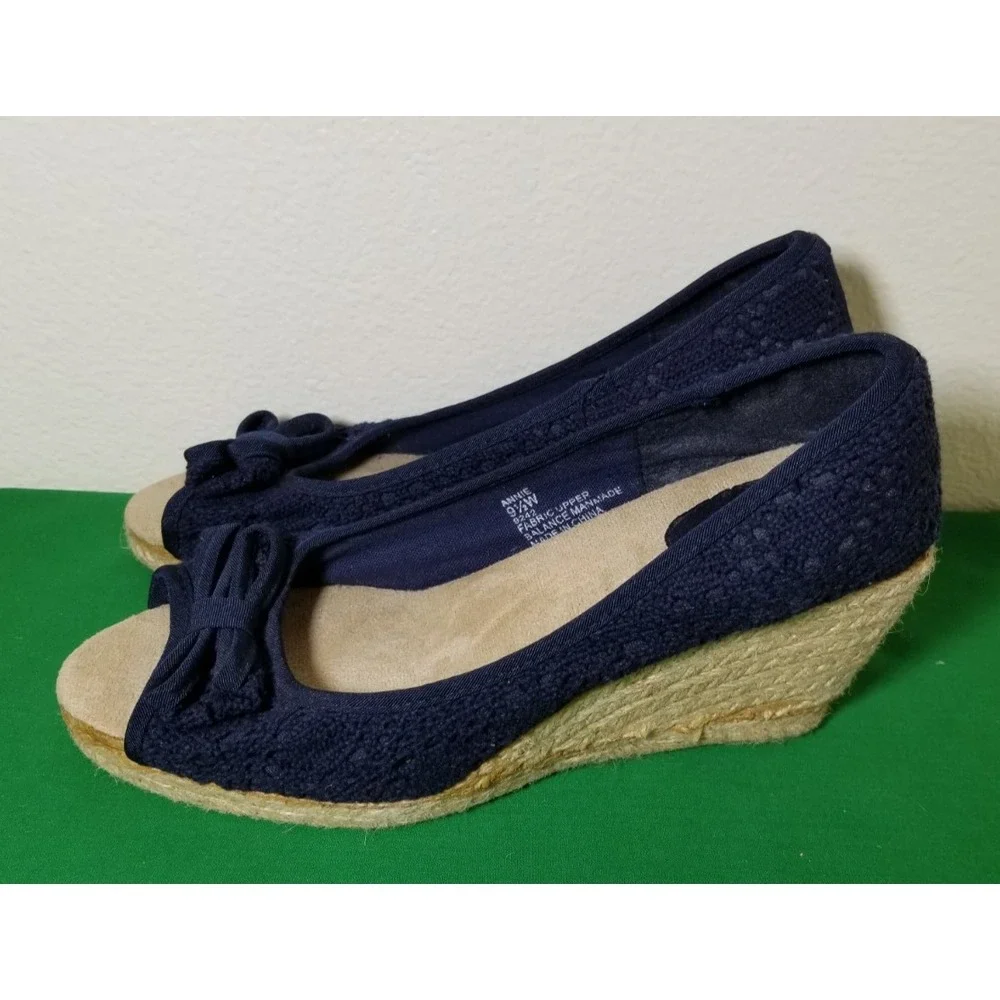 Avenue Annie Navy Women Size 9.5 Open Toe Wedges Espadrille Coastal City Retro